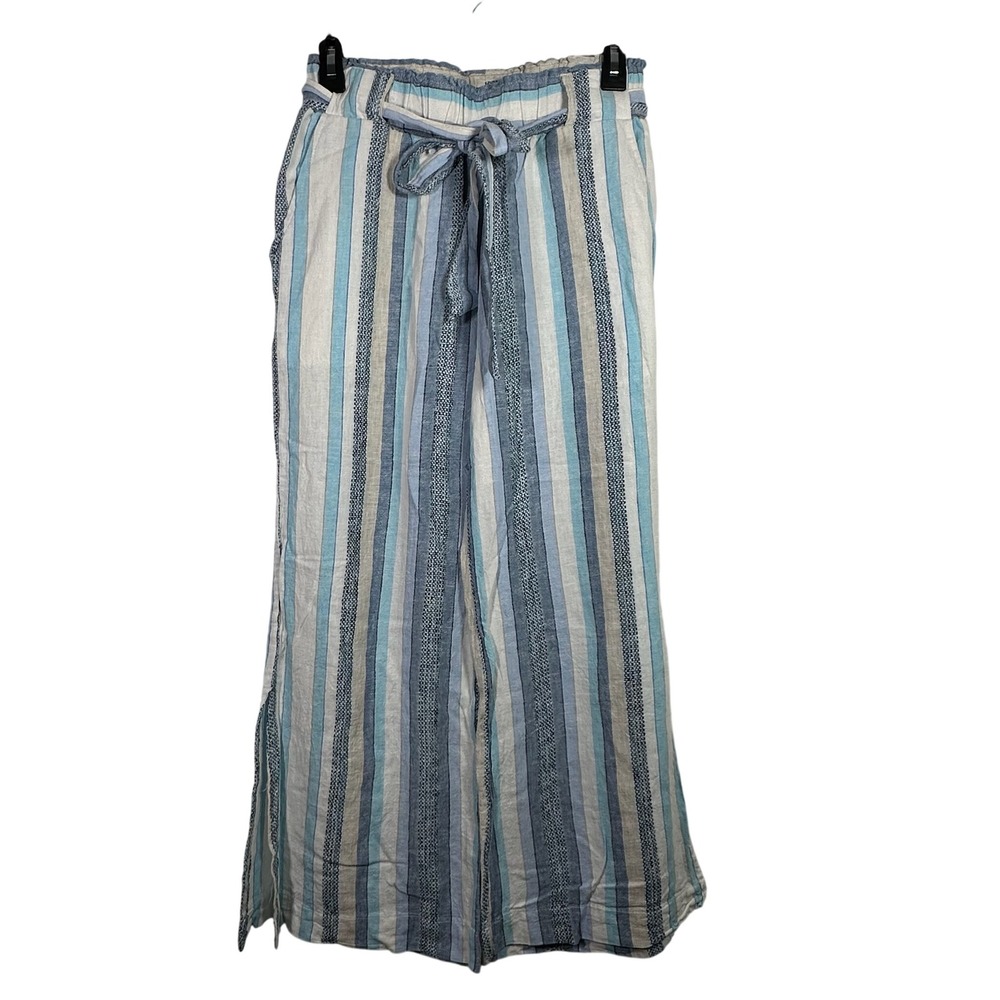 Indigo Rein Blue Striped Linen Blend Wide Leg Paperbag Waist Pants Womens Small